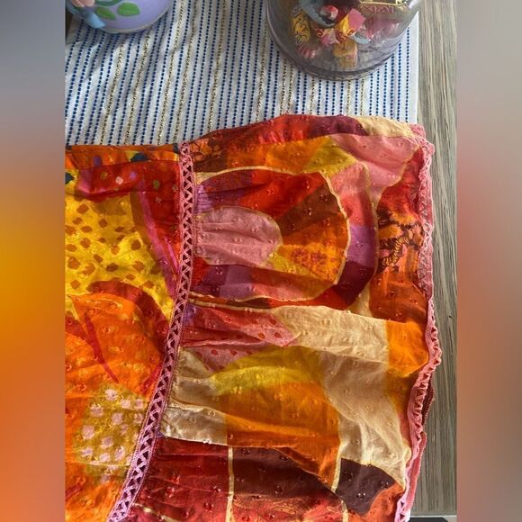 FARM RIO Patch Twirl Midi Dress Puff Sleeve Sz M Multicolor Drawstring Tie Neck - Picture 9 of 15